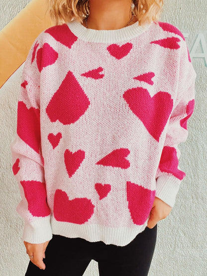 Heart Round Neck Long Sleeve Sweater-Angel Casuals