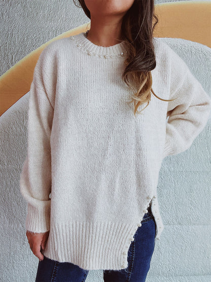 Slit Pearl Trim Round Neck Long Sleeve Sweater-Angel Casuals