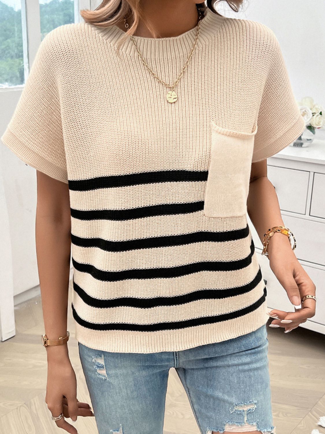 Devine Striped Round Neck Short Sleeve Sweater-Angel Casuals