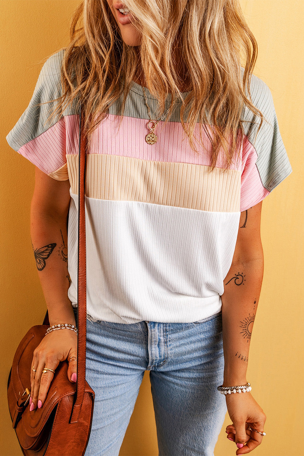Color Block Round Neck Short Sleeve T-Shirt-Angel Casuals