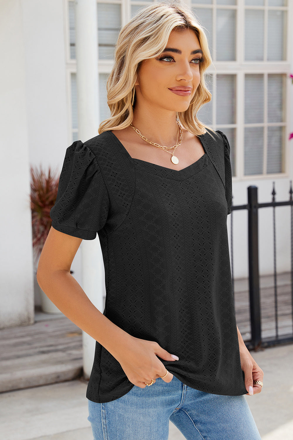 Eyelet Puff Sleeve T-Shirt-Angel Casuals