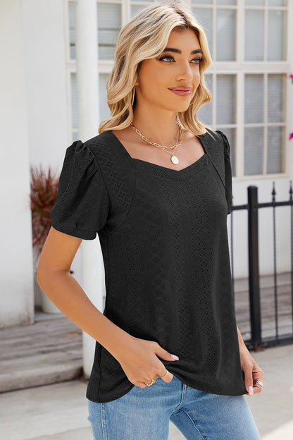 Eyelet Puff Sleeve T-Shirt-Angel Casuals