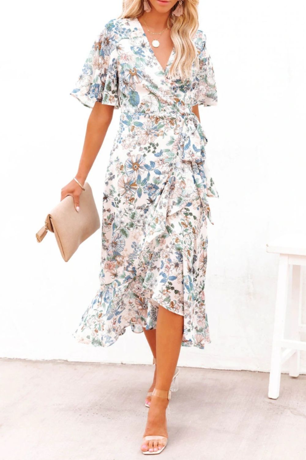 High-Low Printed Surplice Flutter Sleeve Midi Dress-Angel Casuals