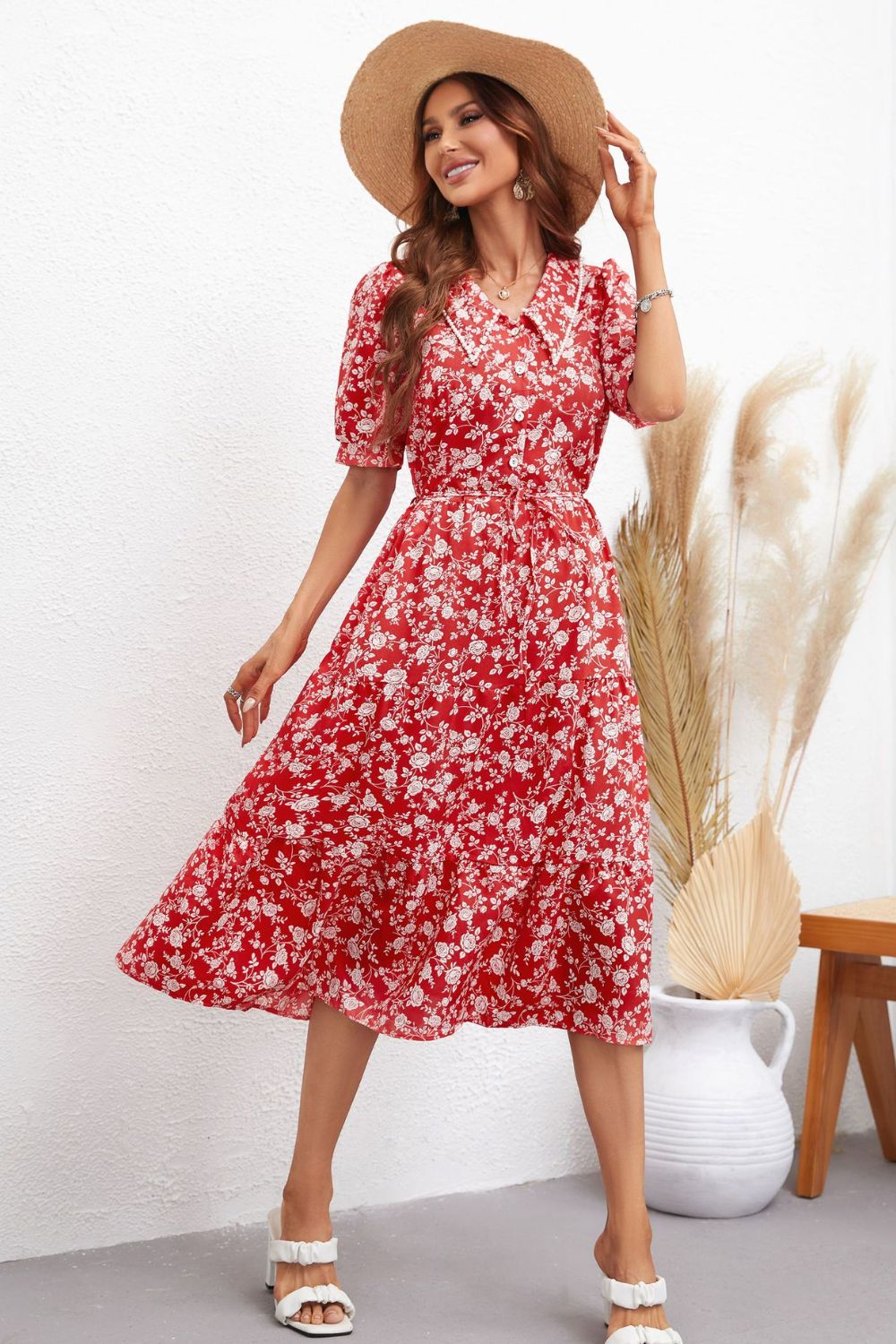 Floral Tie Waist Puff Sleeve Midi Dress-Angel Casuals