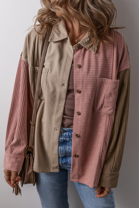 Button Up Color Block Long Sleeve Shacket-Angel Casuals