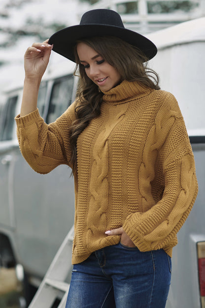 Cable-Knit Turtleneck Dropped Shoulder Sweater-Angel Casuals