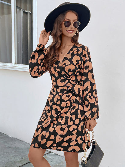 Printed Surplice Long Sleeve Dress-Angel Casuals