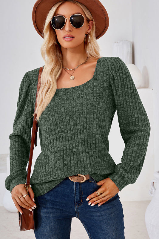 Ribbed Square Neck Long Sleeve T-Shirt-Angel Casuals