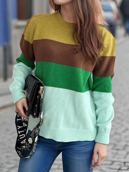 Color Block Round Neck Long Sleeve Sweater-Angel Casuals