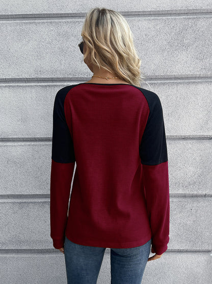 Contrast Buttoned Round Neck Raglan Sleeve Top-Angel Casuals