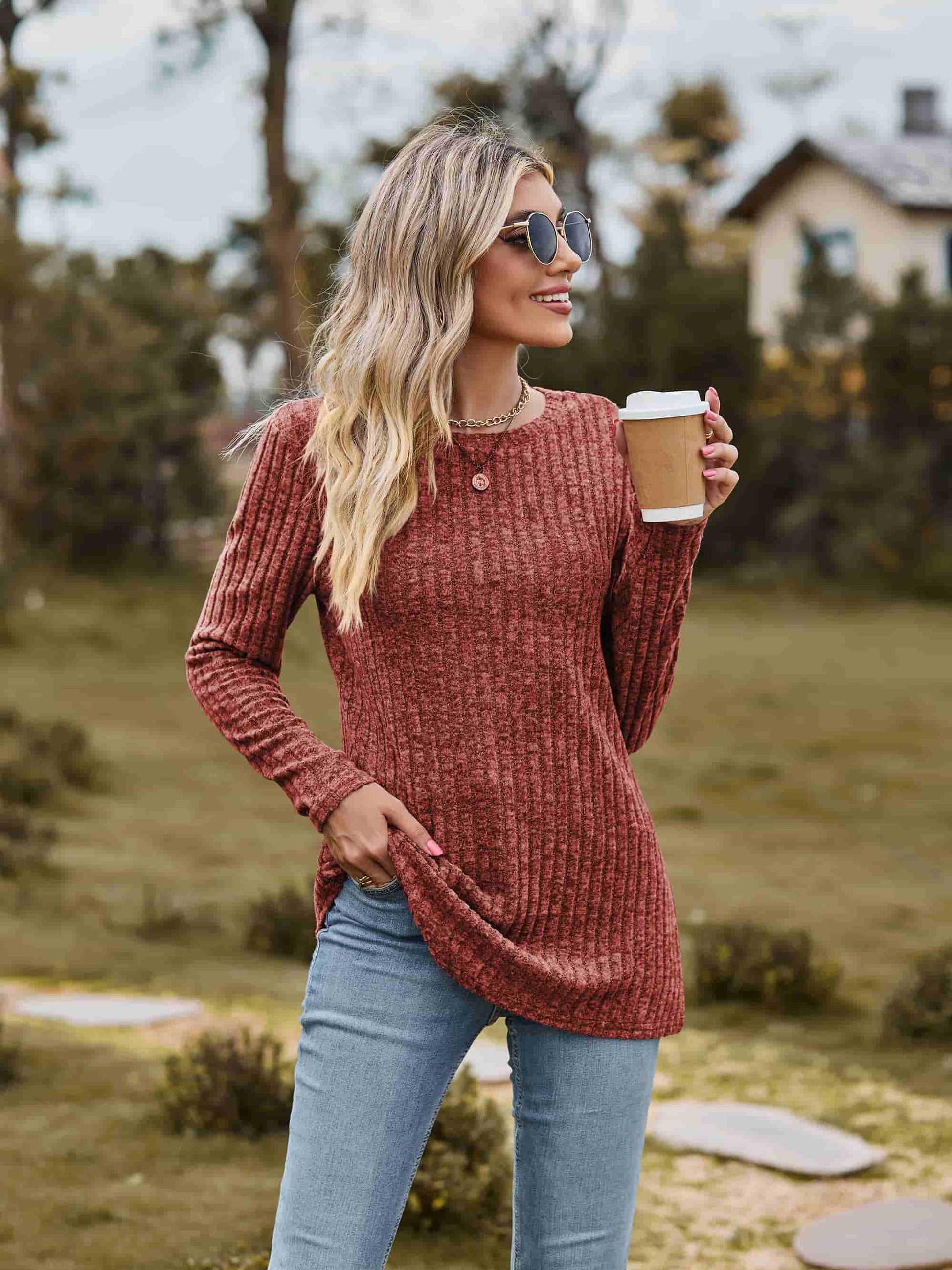 Ribbed Round Neck Long Sleeve Tee-Angel Casuals