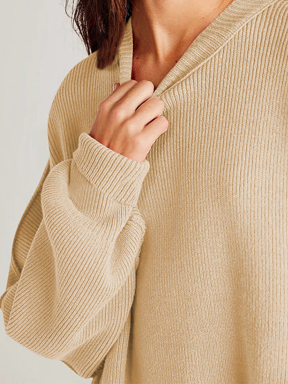 Double Take Side Slit Round Neck Long Sleeve Sweater-Angel Casuals