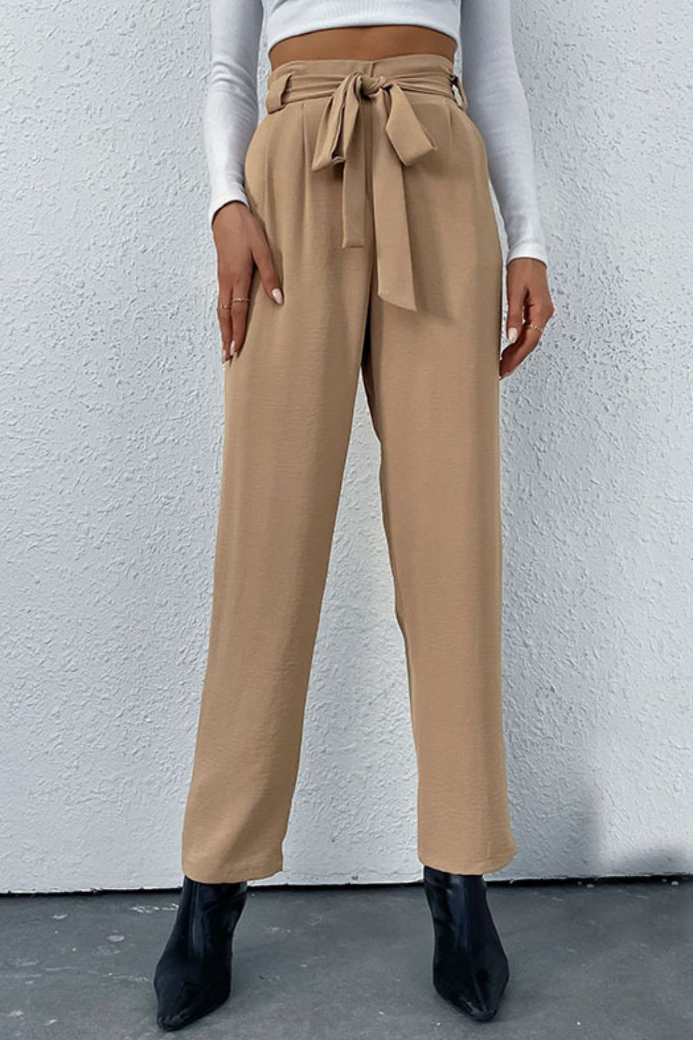 Belted Straight Leg Pants with Pockets-Angel Casuals