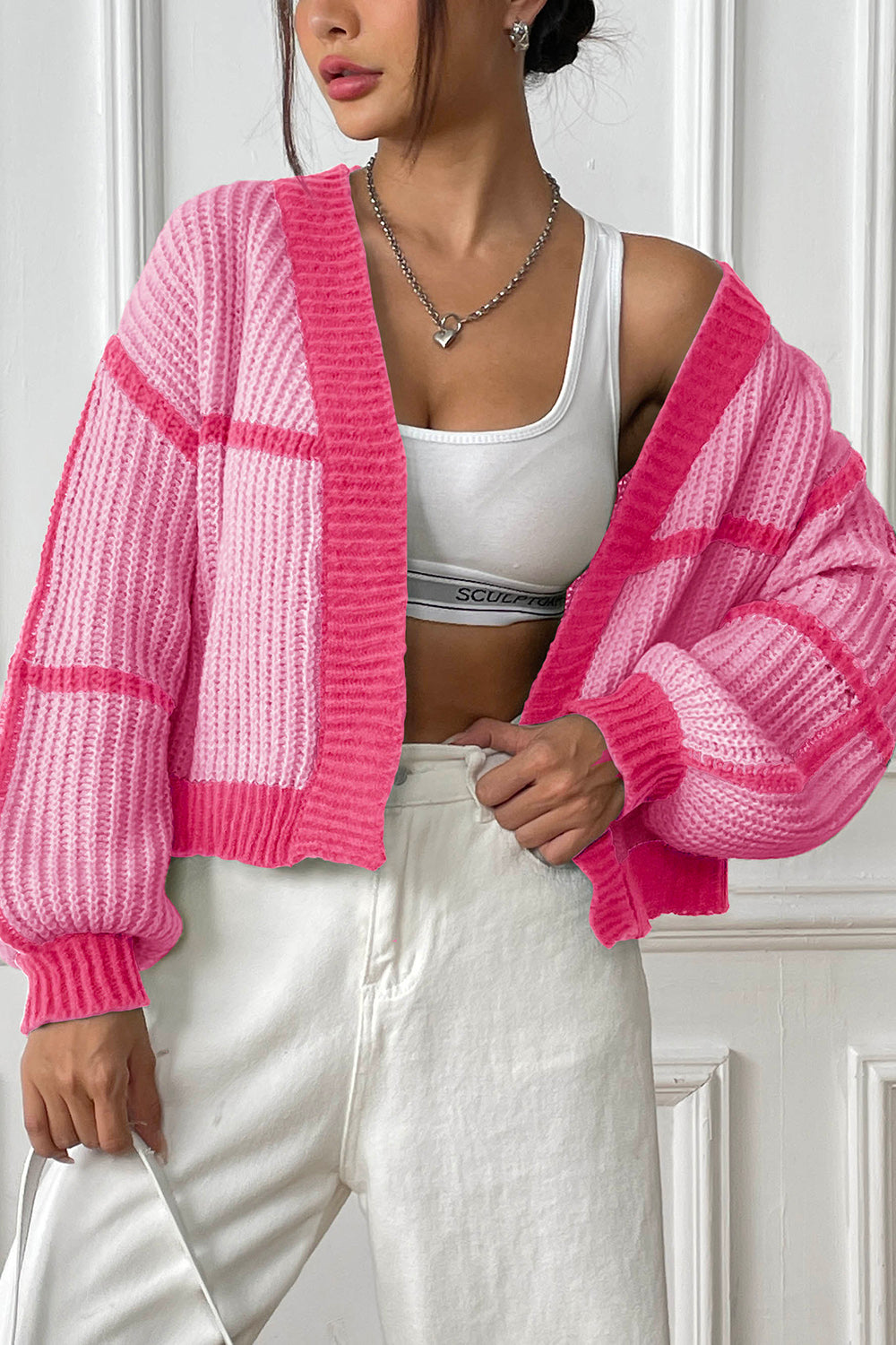 Contrast Open Front Long Sleeve Cardigan-Angel Casuals