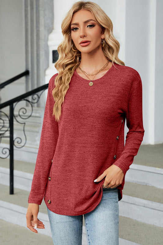 Decorative Button Round Neck T-Shirt-Angel Casuals