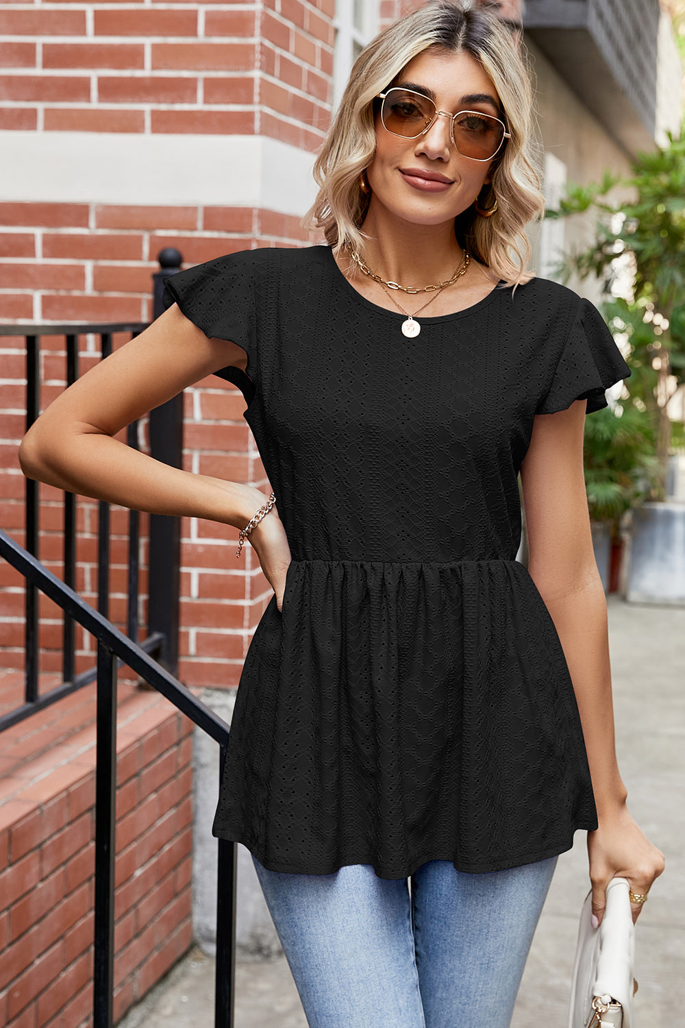 Tied Ruffled Round Neck Peplum T-Shirt-Angel Casuals