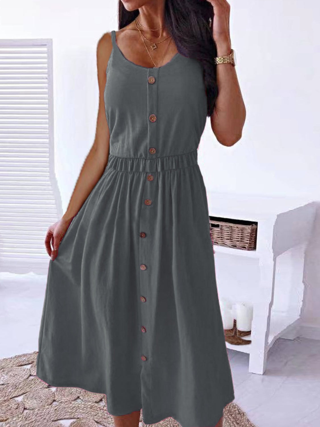 Decorative Button Spaghetti Strap Dress-Angel Casuals