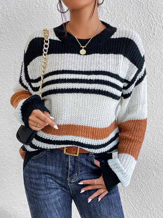 Contrast Striped Round Neck Long Sleeve Sweater-Angel Casuals