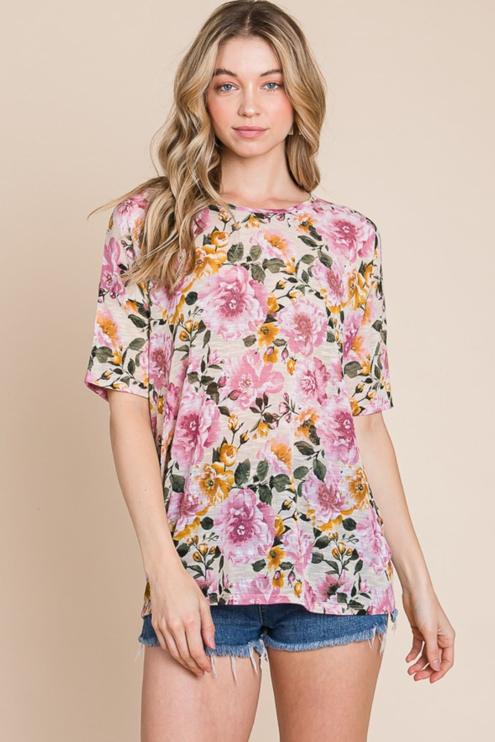 BOMBOM Floral Round Neck T-Shirt-Angel Casuals