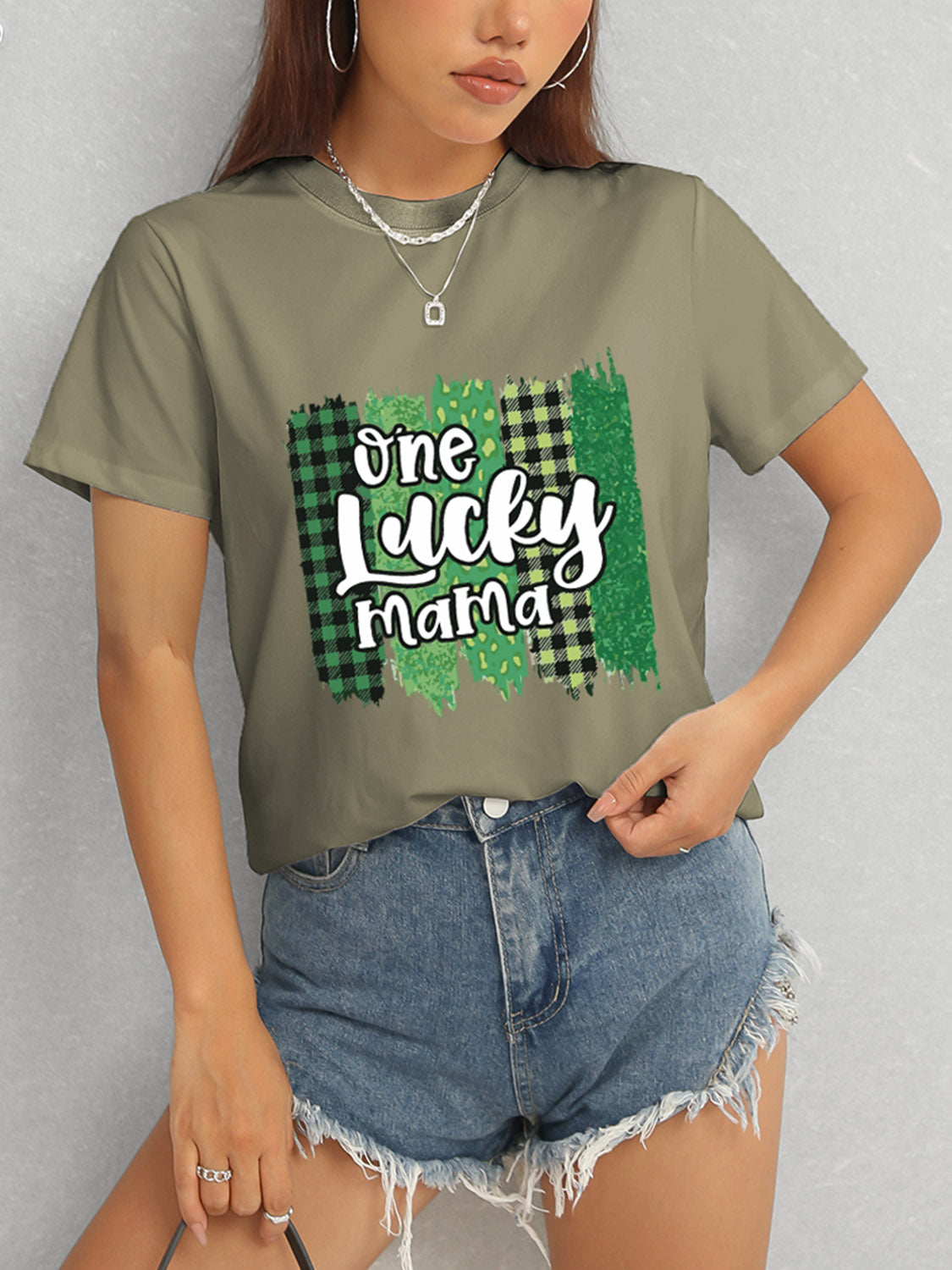 ONE LUCKY MAMA Round Neck T-Shirt-Angel Casuals