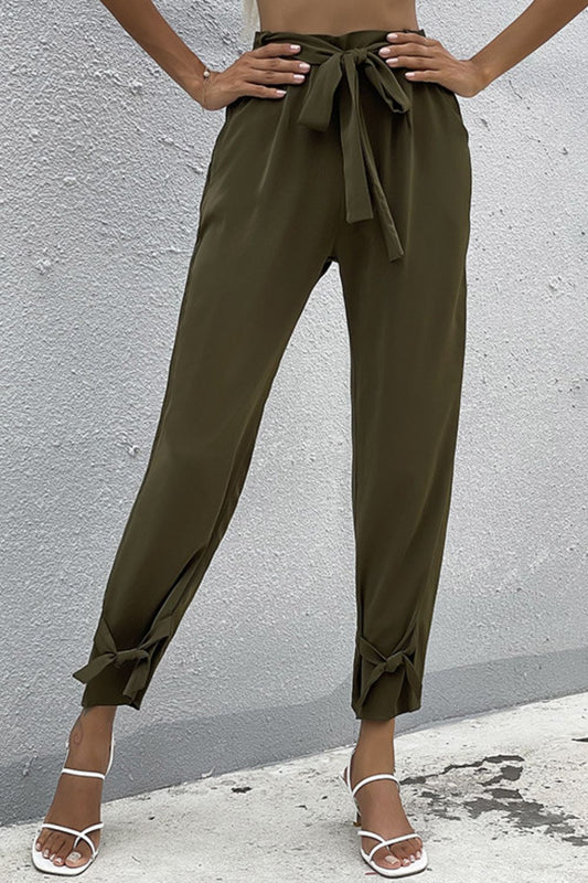 Tie Detail Belted Pants with Pockets-Angel Casuals