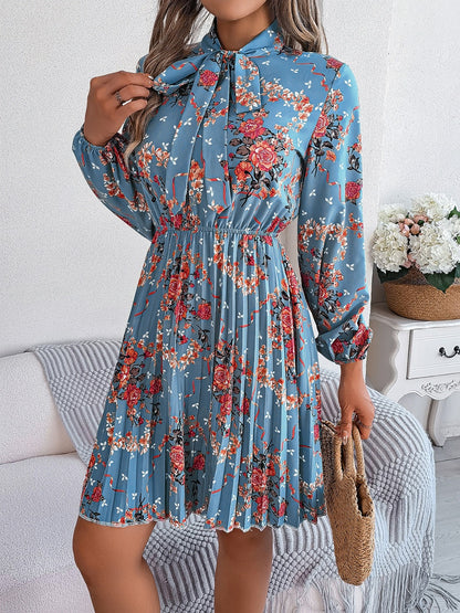 Pleated Printed Tie Neck Long Sleeve Dress-Angel Casuals