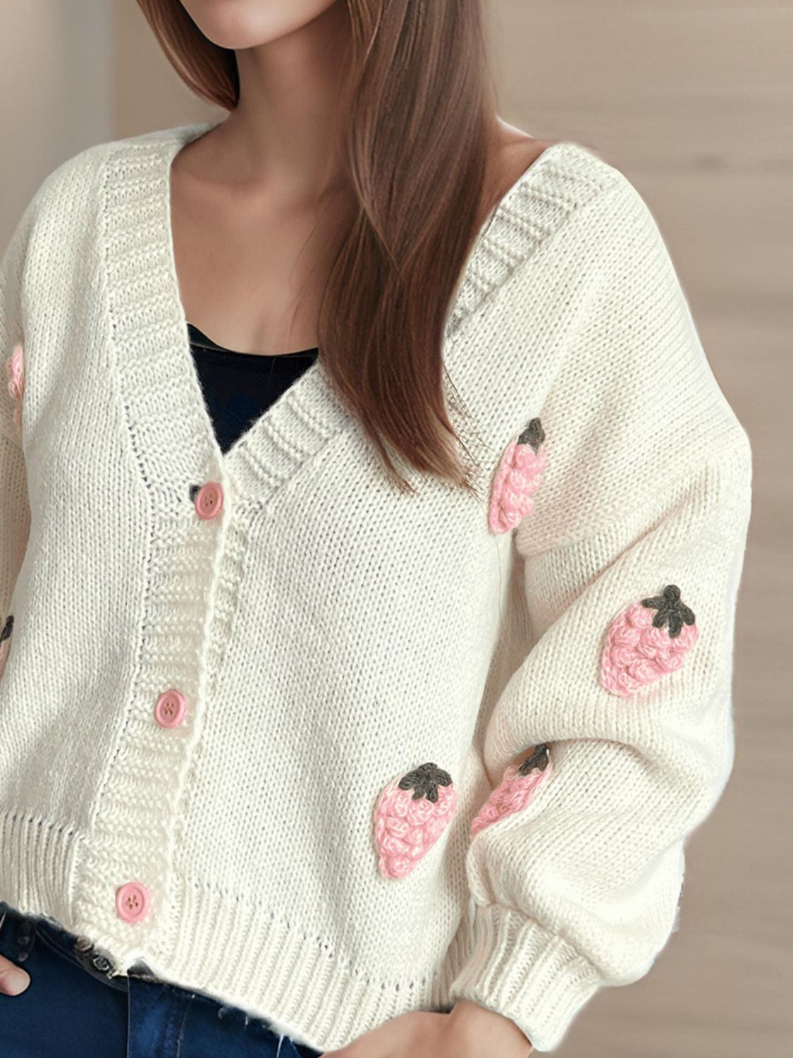 Crochet Strawberry V-Neck Long Sleeve Cardigan-Angel Casuals