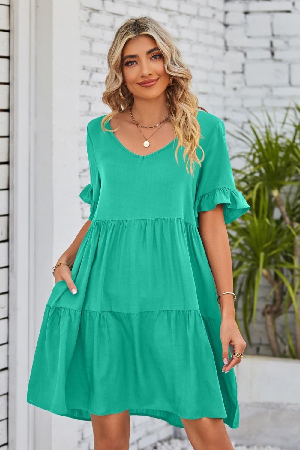 V-Neck Flounce Sleeve Tiered Dress-Angel Casuals