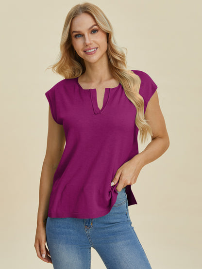 Double Take Full Size Notched Cap Sleeve Knit Top-Angel Casuals