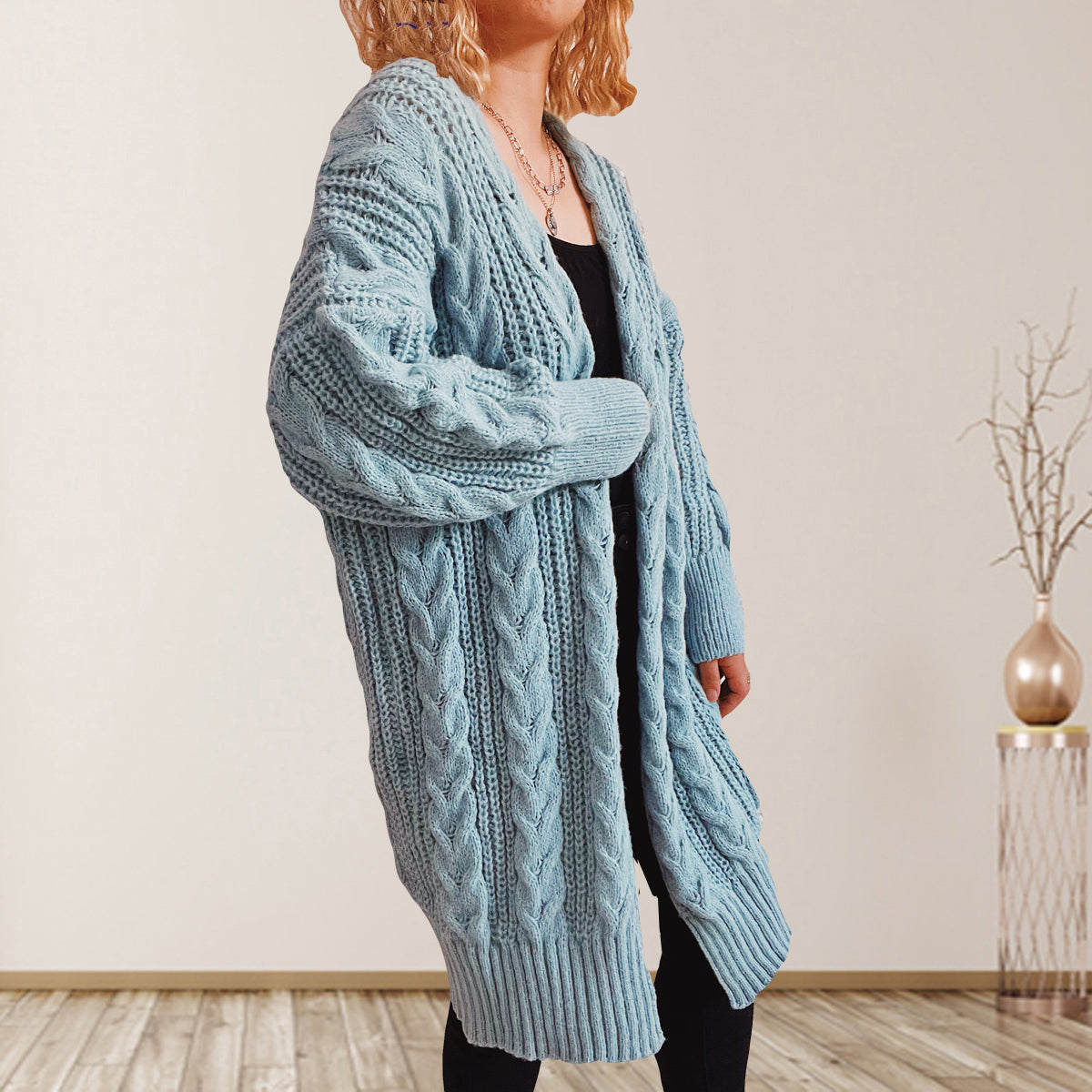 Cable-Knit Open Front Dropped Shoulder Cardigan-Angel Casuals