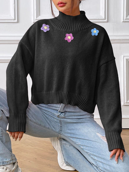 Flower Turtleneck Long Sleeve Sweater-Angel Casuals