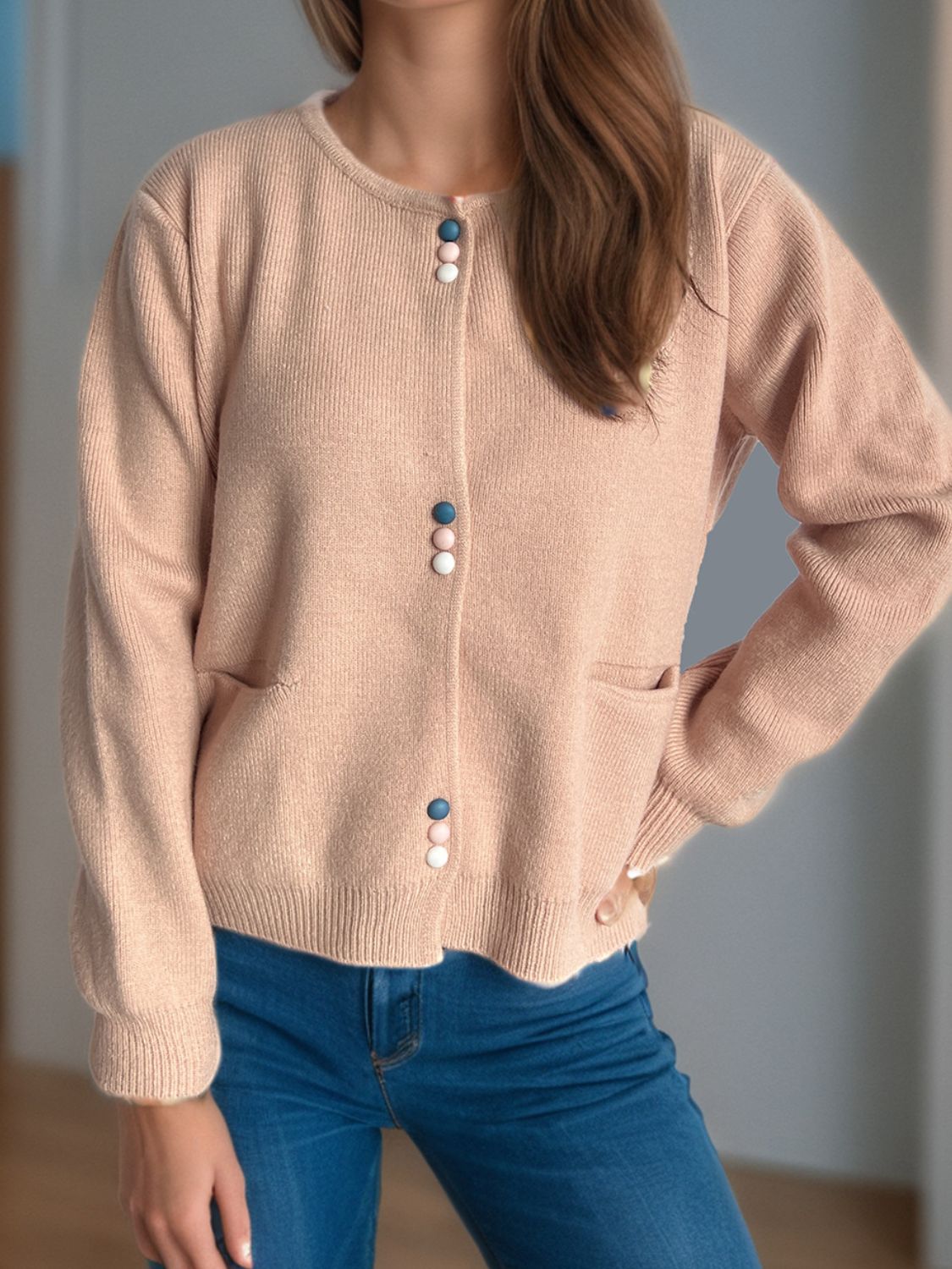 Button Down Long Sleeve Cardigan with Pockets-Angel Casuals