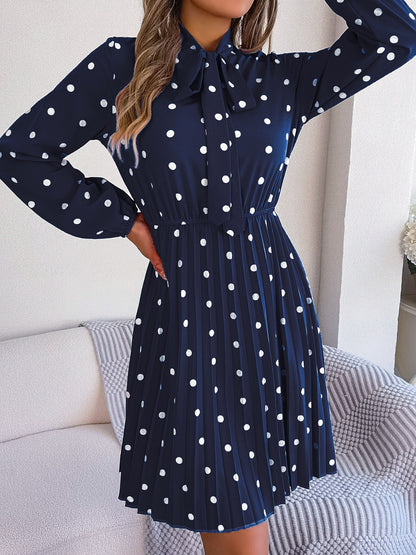 Polka Dot Tie Neck Pleated Dress-Angel Casuals