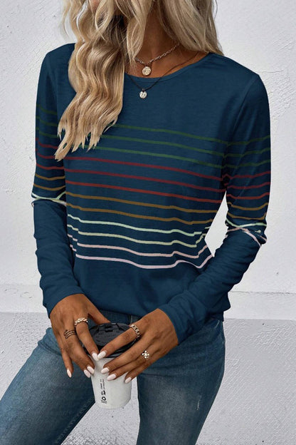 Striped Round Neck Long Sleeve T-Shirt-Angel Casuals