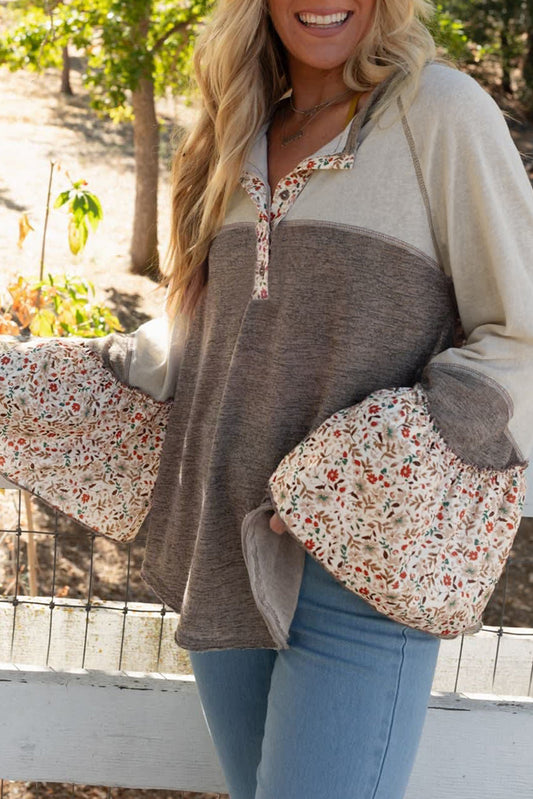 Floral Half Button Long Sleeve T-Shirt-Angel Casuals