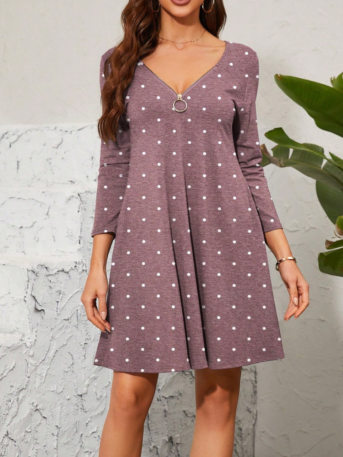 Polka Dot Quarter Zip Long Sleeve Dress-Angel Casuals