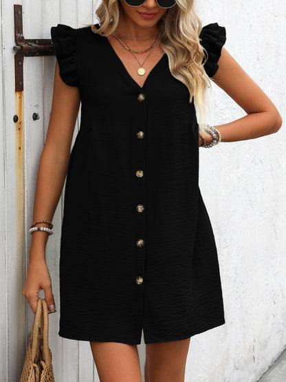 Button Up V-Neck Cap Sleeve Mini Dress-Angel Casuals