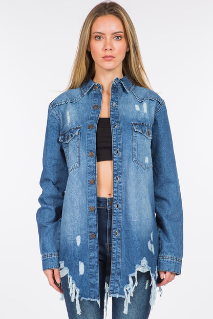 American Bazi Distressed Frayed Hem Denim Jacket-Angel Casuals