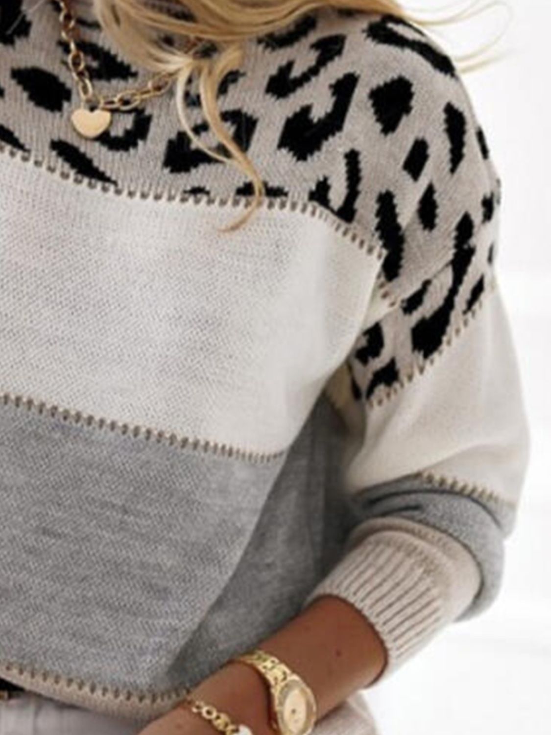 Leopard Color Block Round Neck Long Sleeve Sweater-Angel Casuals