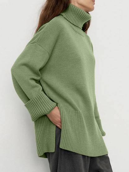 Side Slit Turtleneck Drop Shoulder Sweater-Angel Casuals