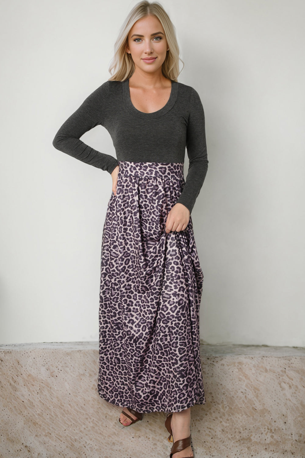 Leopard Round Neck Maxi Dress-Angel Casuals