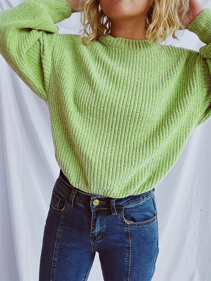 Round Neck Dropped Shoulder Long Sleeve Sweater-Angel Casuals