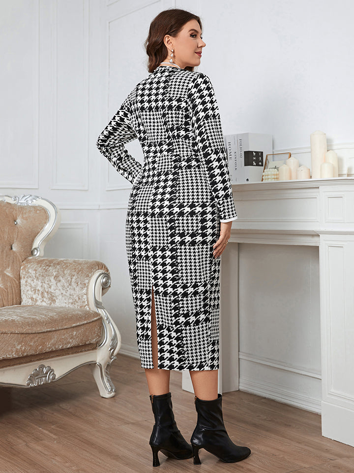 Plus Size Houndstooth Button-Down Long Sleeve Dress-Angel Casuals