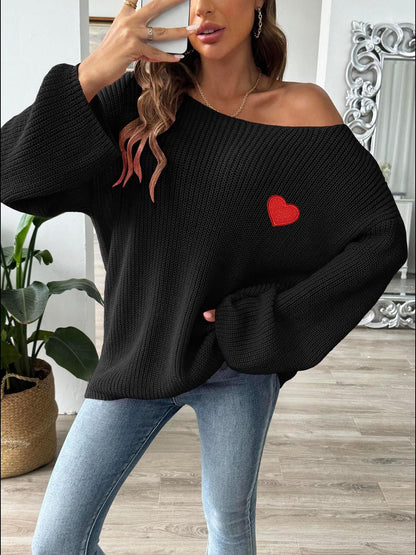 Heart Boat Neck Dropped Shoulder Sweater-Angel Casuals