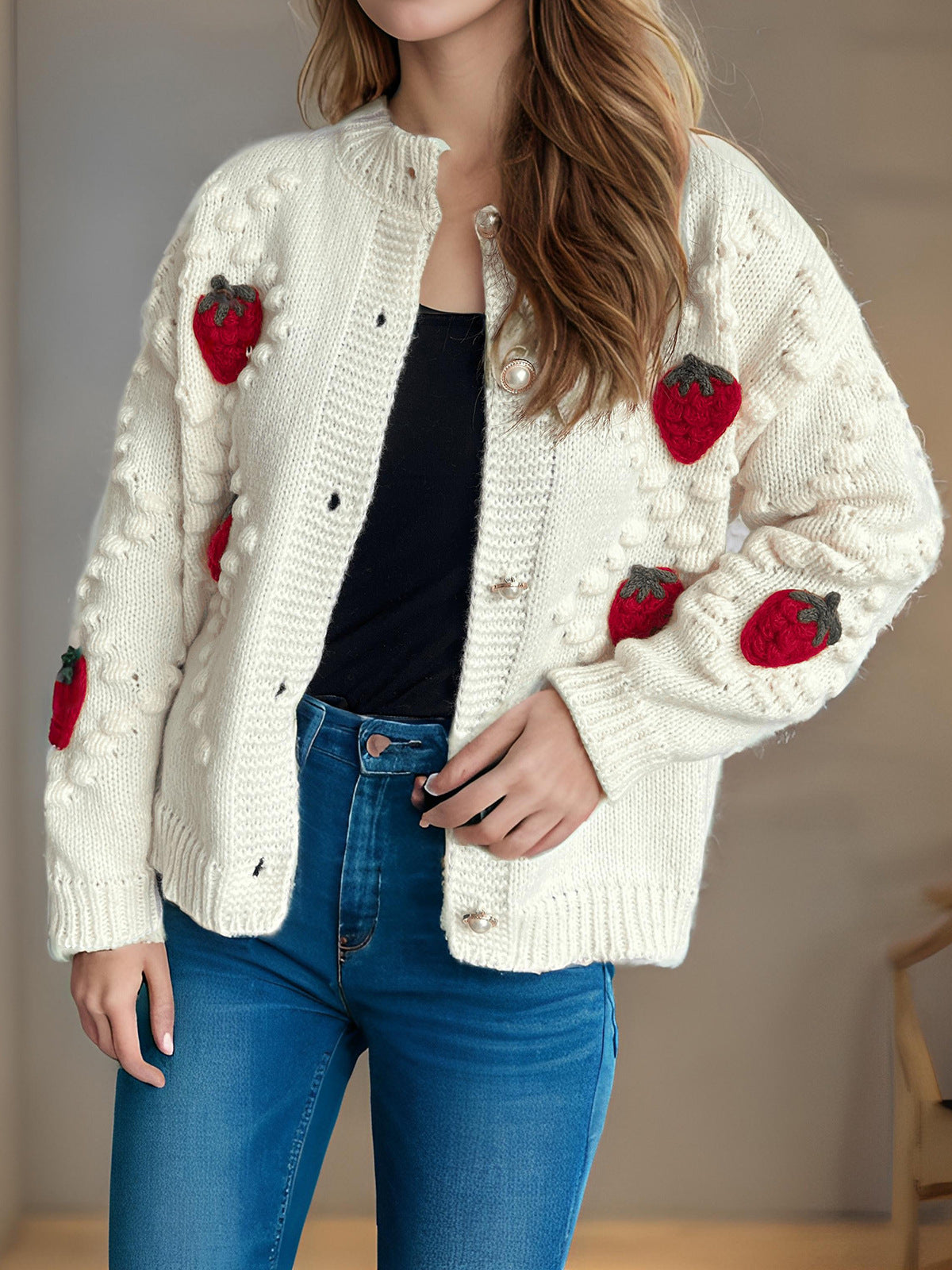 Strawberry Button Down Long Sleeve Cardigan-Angel Casuals