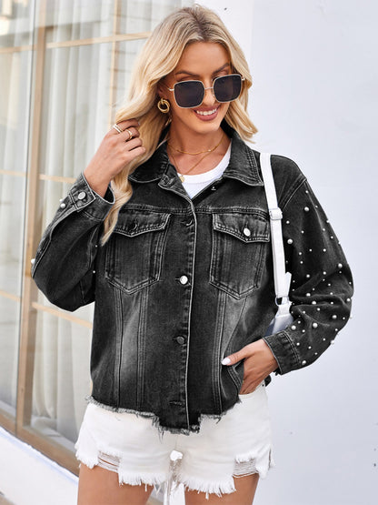 Pearl Trim Raw Hem Denim Jacket-Angel Casuals