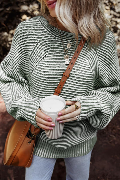 Textured Striped Round Neck Long Sleeve Top-Angel Casuals