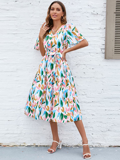 Printed Tie-Waist V-Neck Flutter Sleeve Dress-Angel Casuals