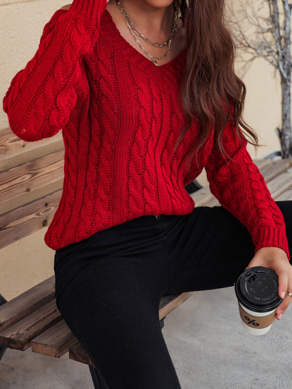 Honey Cable-Knit V-Neck Cold Shoulder Sweater-Angel Casuals