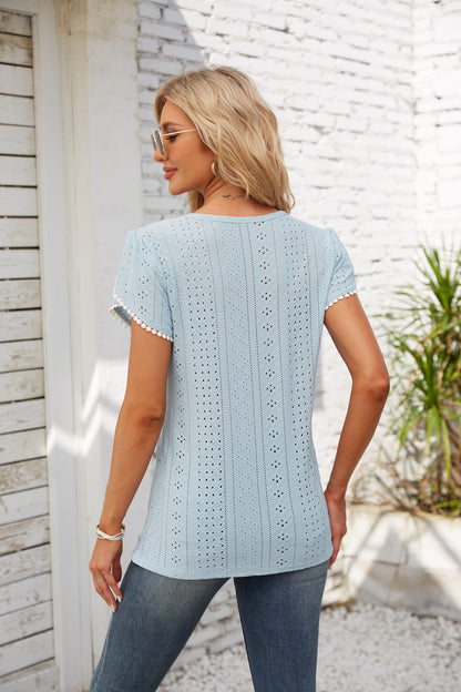 Eyelet Round Neck Petal Sleeve T-Shirt-Angel Casuals